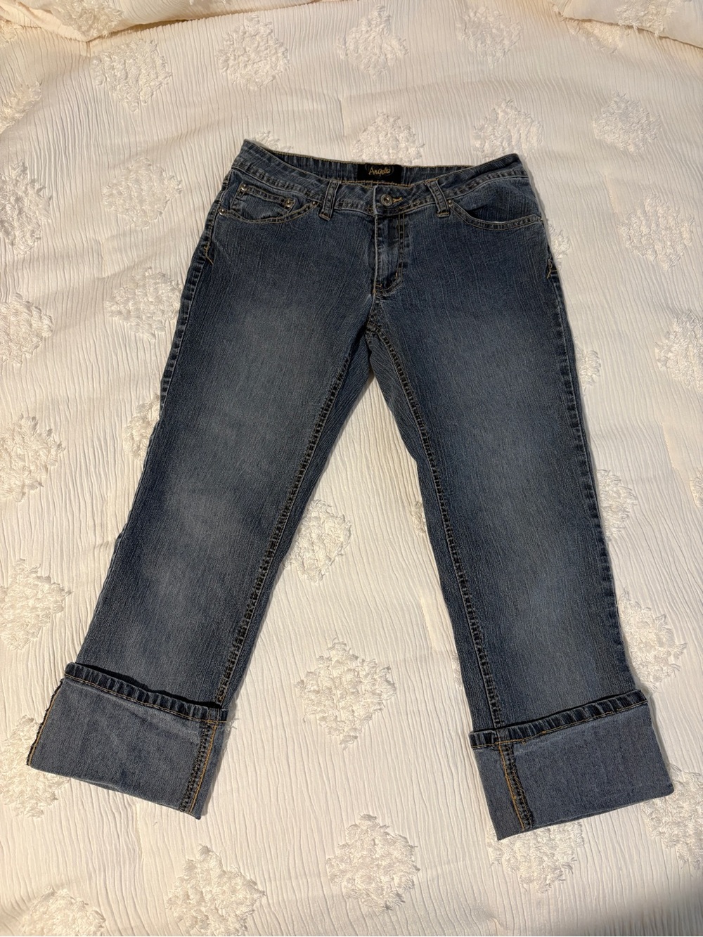 Angels Women's Dark Wash Boot Cut Jean Capris with Cuffed Hem - Blue